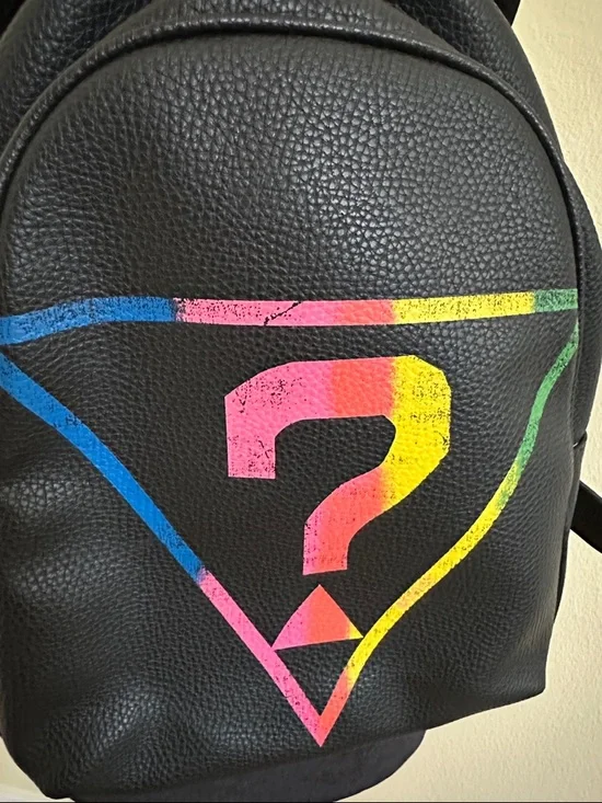 Black faux leather GUESS Backpack with Rainbow Question Mark Graphic - Picture 2 of 10